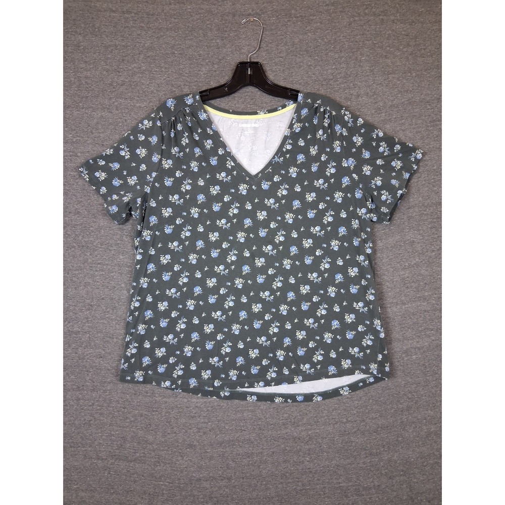 Lands End Womens Shirt Large Gray Floral Cotton Grannie Coastal Cottage Prairie